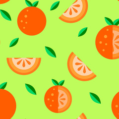 Orange Seamless pattern green background poster. Sliced seeds leaf. Fresh farm market celebration design. Paper cut Tangerine illustration. Summer tropical healthy fruit food kids t shirt print