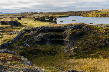 Iceland, autumn, incredible landscapes of the country, lake and rocks