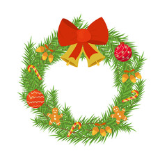 Fototapeta na wymiar Christmas decorative wreath with bells isolated on white background