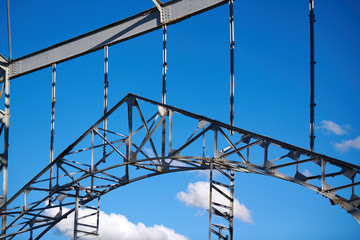 Frame of goods shed. Metal construction of railway building. Old abandoned steel warehouse for...