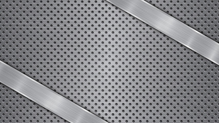 Background in gray colors, consisting of a metallic perforated surface with holes and two polished plates with metal texture, glares and shiny edges