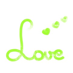 Fototapeta premium Green love word hearts sign. Lovely hand lettering. Raster calligraphy quote. Drawn wedding invitation card. Handwritten text. Holiday greeting card white background. Symbol heart print t shirt design