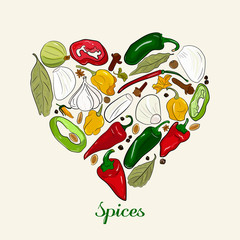 Spices in the form of a heart. Hand drawing. Garlic, hot pepper, green, yellow, red, cloves, pepper, bay leaf, tubby. 