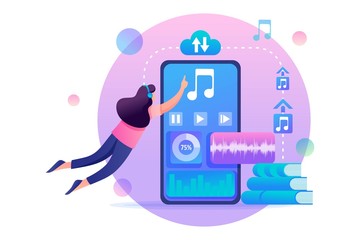 Girl listening to an audiobook online using a smartphone. Flat 2D character. Concept for web design