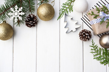 Christmas decorations on a white wooden background. View from above