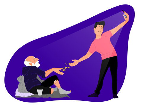 Poor, homeless elderly man sits on the floor while a young man photographs his alms on a mobile phone, demonstrates charity in social networks to show, insincerity, vector graphics in a flat style
