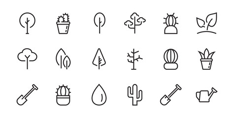 A set of Rosteniya Icons, and garden care, Vector illustration, Contains Icons such as tree, cactus, watering can, spade, flower and much more. on a white background, editable bar 48x48