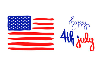 Happy 4th July holiday USA Independence Day greeting card raster with american national flag, stars. Fourth of July banner icon. Patriotic hand lettering type logo design illustration in blue, red.