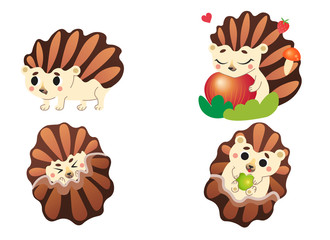 Cute cartoon hedgehog vector set. Hedgehog in different postures. Forest animals for kids. Isolated on white background