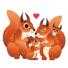 Cute cartoon squirrel family vector image. Male and female squirrels with their pups. Forest animals for kids. Isolated on white background