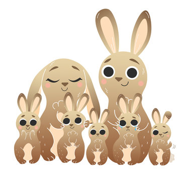 Cute cartoon hare family vector image. Male and female brown hares with their leverets. Forest animals for kids. Isolated on white background
