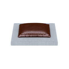 White fabric pouf with a brown leather pillow on a white background. 3d rendering