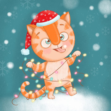 Cute and funny red striped cat tangled up in a New Year tree garland