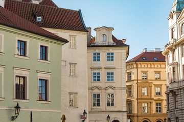 Buildings in Old Town Square in Prague city. Colorful side-by-side buildings