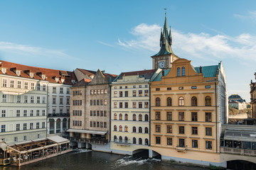 Buildings in Old Town Square in Prague city. Colorful side-by-side buildings