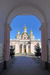 The entrance to the exaltation of the cross Cossack temple in the city of Saint-Petersburg