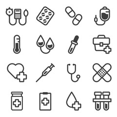 A set of medical icons, includes images related to treatment, examination, medical intervention. Isolated vector on a white background