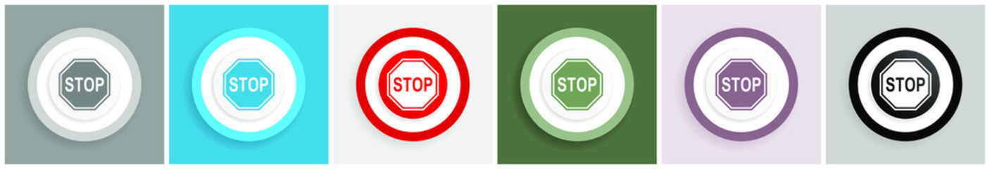 Stop icon, sign, danger, warning vector illustrations in 6 colors options for web design and mobile applications in eps 10