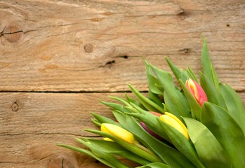 bouquet of colored tulips on a wooden background