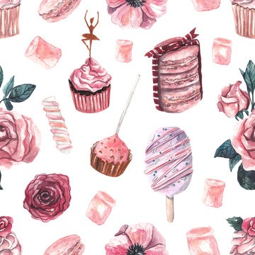 Seamless pattern with watercolor pink sweets. Ballerina's birthday. Cupcakes, pop cake, marshmallows, ice cream