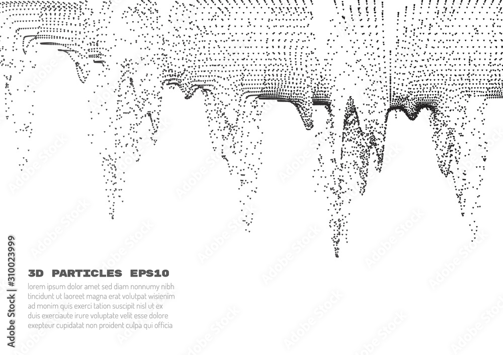 Poster abstract background with particles. volumetric figures and waves of particles. optical illusion of v