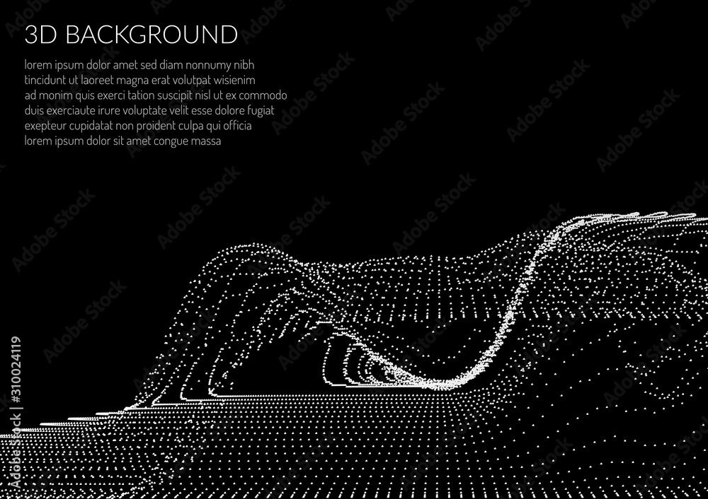 Poster abstract background with particles. volumetric figures and waves of particles. optical illusion of v