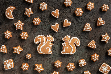 Homemade Christmas gingerbread cookies in the form of squirrels
