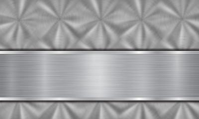 Abstract metal background in silver colors, consisting of a metallic surface with circular brushed texture and polished metal plate with shiny edges