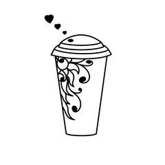 Cup of coffee. Black heart, floral flower border. Raster paper cup of tea. Plastic hot drink glass. Container juice takeaway on white background. Coloring book page. For menu bar card, cafe, logo icon