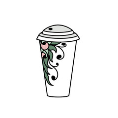 White glass. Cup of coffee with green floral flower border. Raster paper cup of tea. Plastic hot drink glass. Container juice takeaway paper cup on white background for menu, bar, card cafe, logo icon