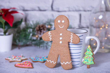 Gingerbread men. Traditional New Year and Christmas homemade cookies. Christmas background. Selective focus, close up.