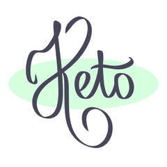 Keto diet illustration. Black sign in mint green oval circle. Ketogenic nutrition phrase. Poster, banner design for low carb high fat diet. Motivational healthy food card. Raster lettering short word