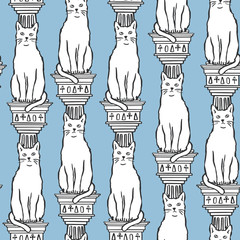 Vector seamless pattern with statues of cats. Funny hand drawn kitty illustration. Repeating design of cats on ancient columns. Great for fabric, wallpaper and wrapping paper.
