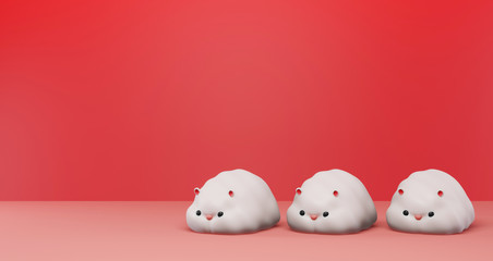3D rendering of 2020 Chinese New Year. Many cute rats on a red background, luxury minimalist mockup. Year of the rat