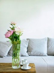 bouquet of pink peonies in living room