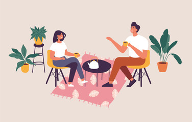 Vector illustration couple sitting at the table, drinking tea or coffee and talking. Romantic date in a cafe.