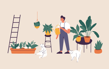 Vector illustration man taking care of houseplants growing in planters. Young cute man cultivating potted plants at home. © oxygen_8