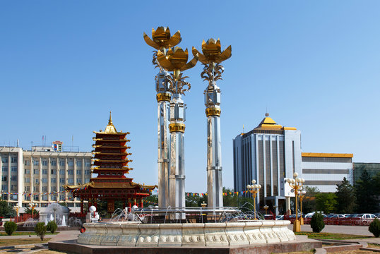 fountain "Three Lotus" in the central square named after Lenin. Elista. Kalmykia