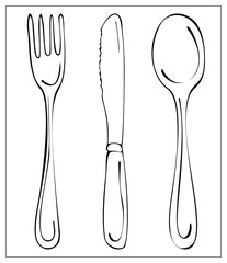 Black silhouette kitchen cutlery. Fork, knife abd spoon.
