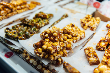 A wide variety of traditional tapas with seafood in Spain at the San Miguel market