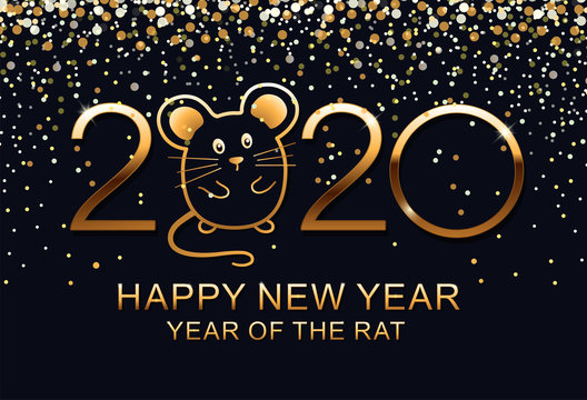Happy new year, 2020, Chinese new year greetings, Year of the Rat. Isolated vector illustration on blue background.