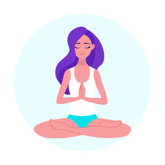 Amazing cartoon girl in yoga lotus pose with cute cat. Practicing yoga. Vector illustration. Young...