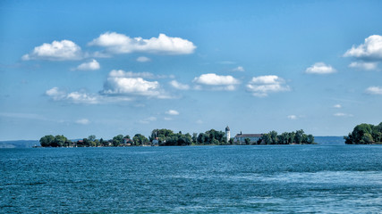 Fototapeta na wymiar View of the female island (fraueninsel) on Chiemsee lake. Bavaria, Germany