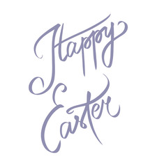 Happy Easter Text Wishes. Holiday greeting card postcard. Violet Template for invitation. Purple Handdrawn sign on white background. Holy Sunday raster lettering. Handwritten Calligraphic quote.