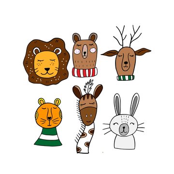 The image of the muzzle of animals - lion, bear, deer, tiger, zebra, bunny.