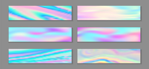 Hologram luminous flyer horizontal fluid gradient mermaid backgrounds vector set. Silk hologram 
