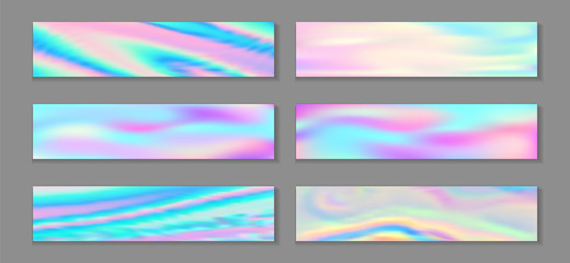 Naklejka premium Hologram luminous flyer horizontal fluid gradient mermaid backgrounds vector set. Silk hologram 