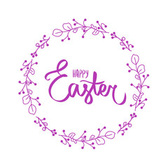 Happy Easter Day celebration festival flat border logotype. Spring holiday typography lettering. Greeting card laurel wishes frame. Sign wreath white background. Violet purple branch Abstract