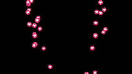 Social media animation Instagram likes falling down on both sides of blank screen. Two flows of red heart love icons dropping on black background. 3D rendering. Alpha Luma Matte included.