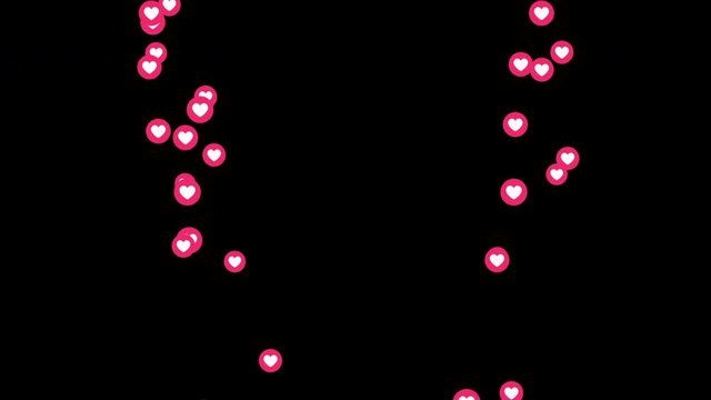 Social media animation Instagram likes falling down on both sides of blank screen. Two flows of red heart love icons dropping on black background. 3D rendering. Alpha Luma Matte included.